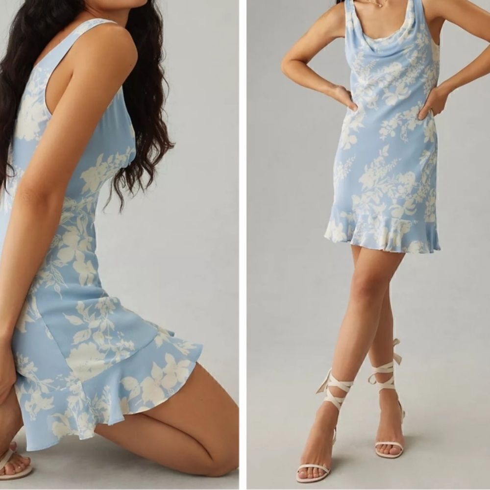 Reformation Rudie Mini Dress in Blue Floral Motif Cocktail Cowl Neck 6 NEW $198